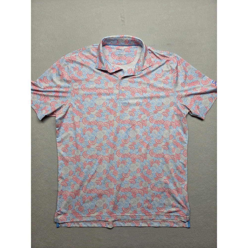 Johnnie-O Mens Large Citrus Sawgrass Golf Polo Shirt PREP-FORMANCE Blue Red